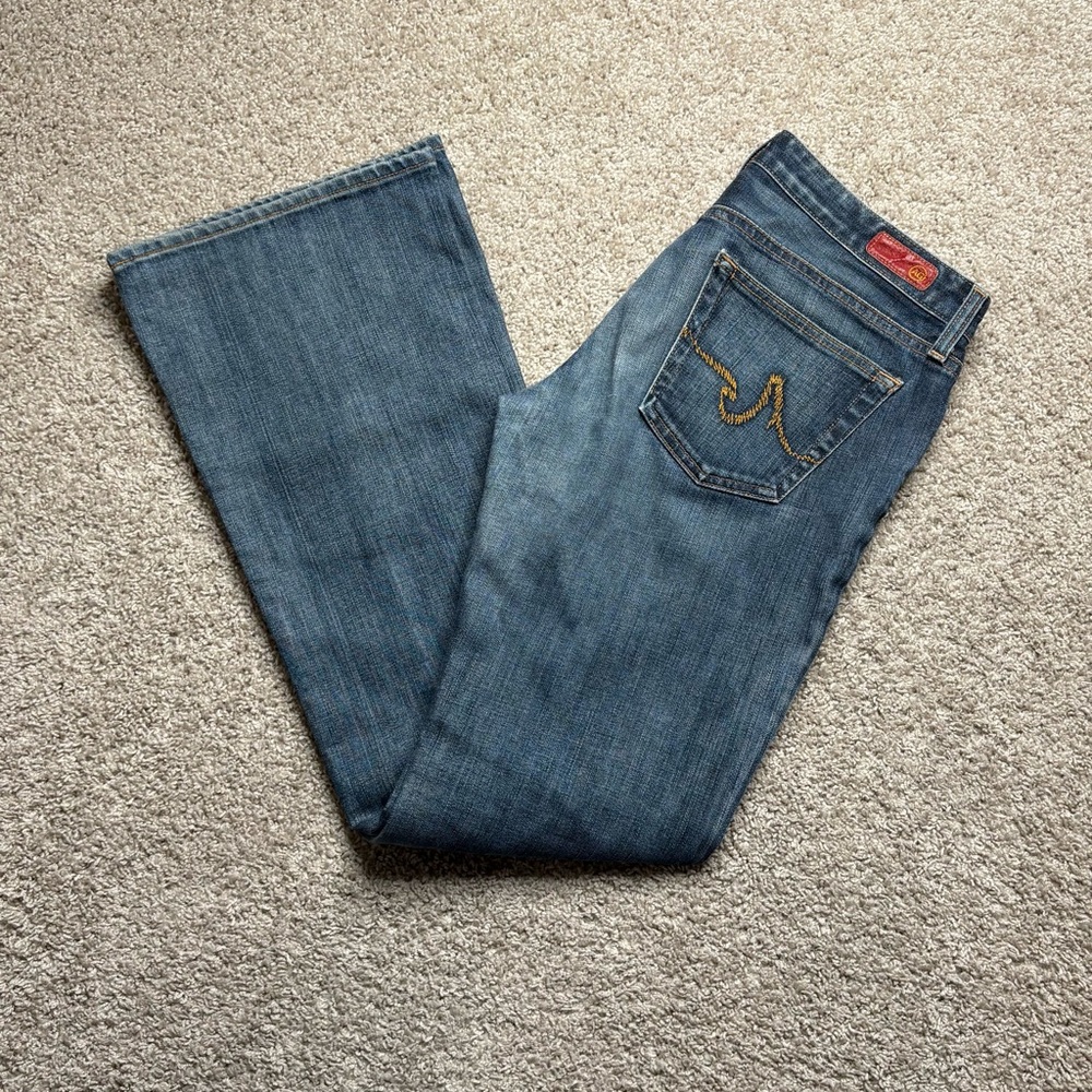 Ag Adriano Goldschmied Women's Wide Leg Jeans in Medium Blue with Gold Stitching